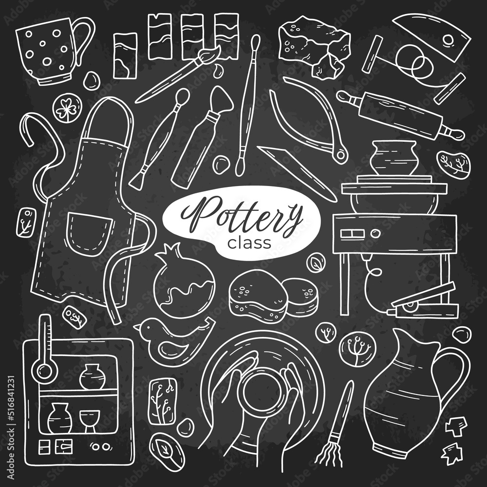 Pottery class and ceramics workshop hand drawn chalk vector icons set ...