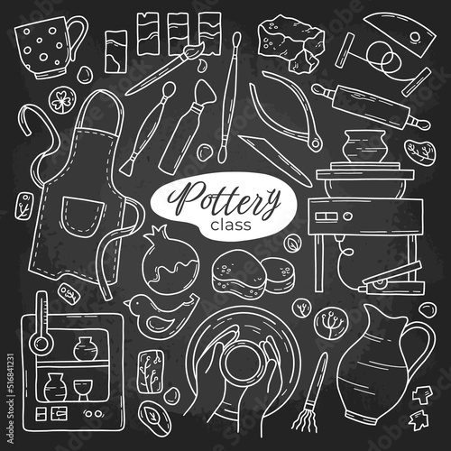 Pottery class and ceramics workshop hand drawn chalk vector icons set on the blackboard in Doodle sketch style. Wheel, clay, pots, string, apron and handmade tools. Black background photo