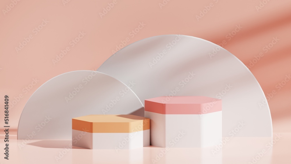 3d Rendered Hexagonal Cube Podium or Pedestal with Circular Background for Product Display in Orange and Pink Pastel Color 3d Rendered Hexagonal Cube Podium or Pedestal with Circular Background for Product Display in Orange and Pink Pastel Color