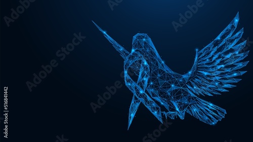 Flying pigeon with a ribbon of hope in its beak. Awareness month. Polygonal design of interconnected lines and points. Blue background.