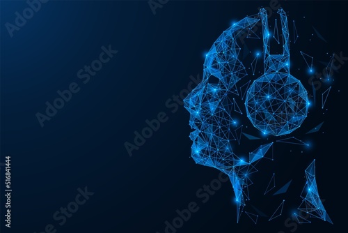 Man listens to music with headphones. Polygonal design of interconnected lines and points. Blue background.