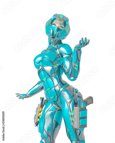 astronaut girl on sci-fi suit is doing a pin up pose