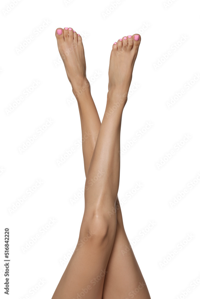 Woman with beautiful long legs on white background, closeup Woman with beautiful long legs on white background, closeup