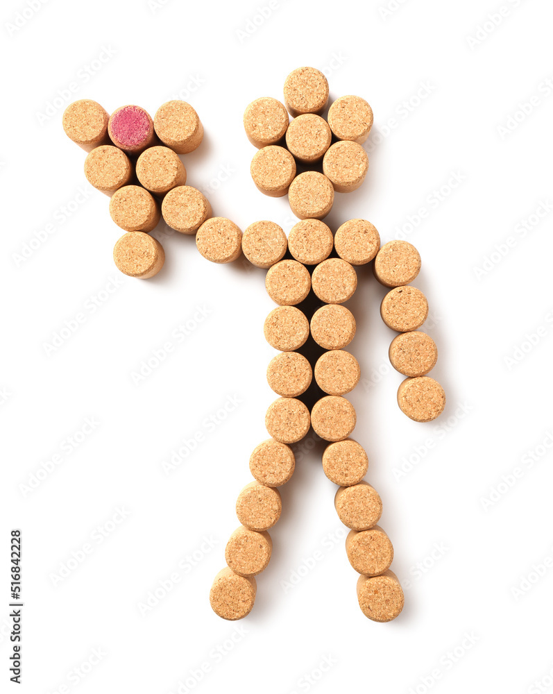 Man with grape made of wine bottle corks isolated on white, top view Man with grape made of wine bottle corks isolated on white, top view