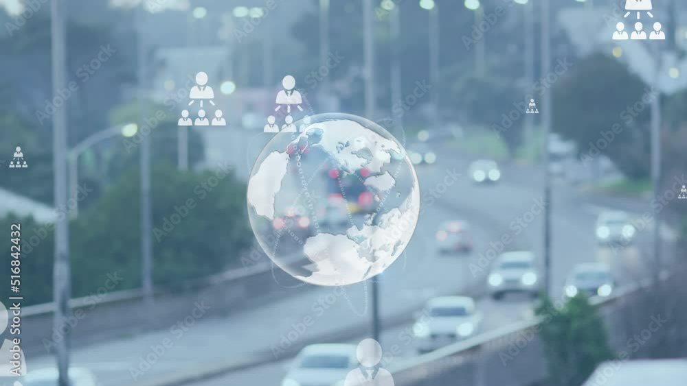 Animation of data processing and globe over cityscape Animation of data processing and globe over cityscape