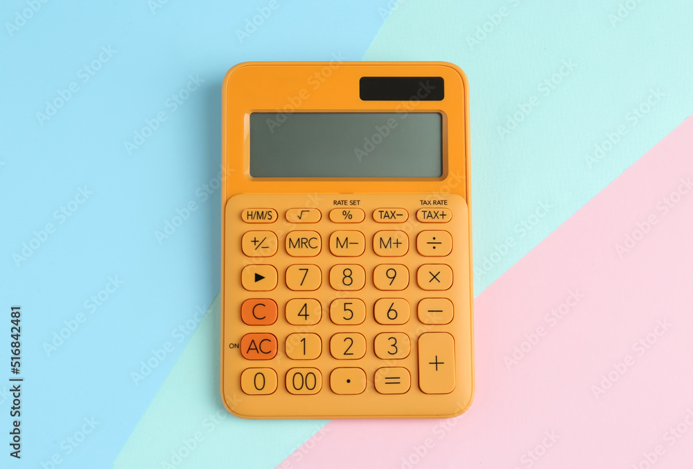 Modern calculator on color background, top view - obrazy, fototapety, plakaty 