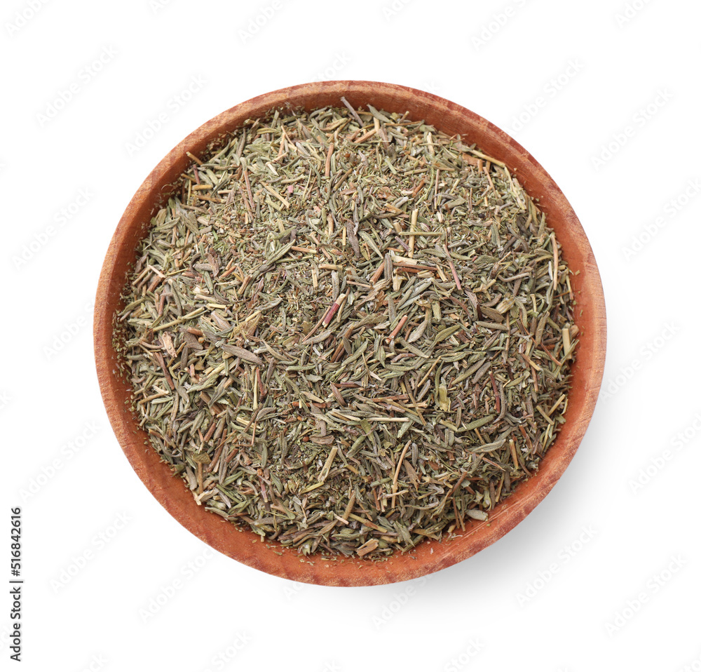 Bowl with dried thyme isolated on white, top view Bowl with dried thyme isolated on white, top view