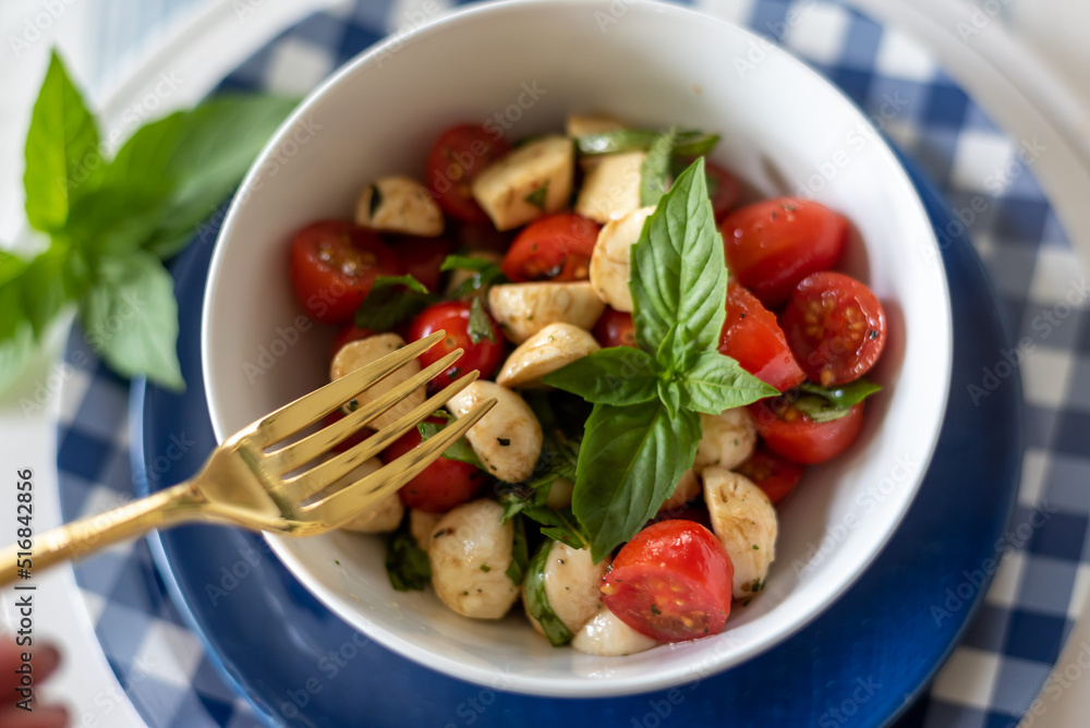 Top view of a bowl of fresh tomato basil mozzarella salad Top view of a bowl of fresh tomato basil mozzarella salad