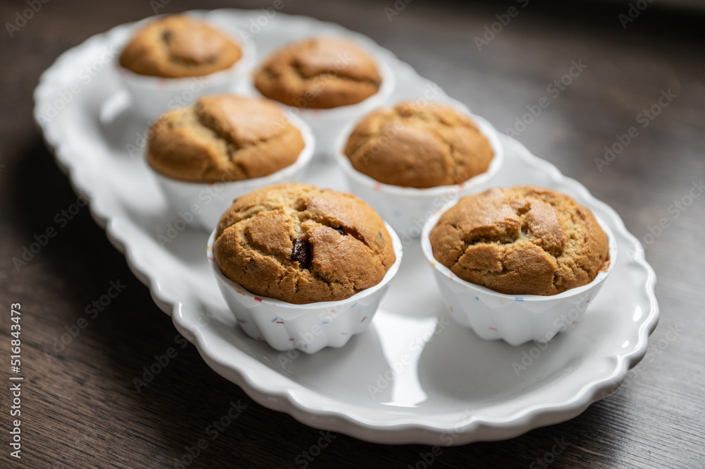 Sweet muffins freshly baked on modern white plate Sweet muffins freshly baked on modern white plate