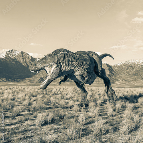 tyrannosaurus rex is hunting down in plains and mountains