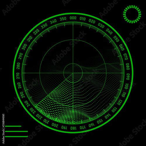Digital green vector radar with targets in searching. Realistic military search sonar interface. HUD display illustration.