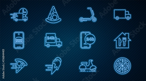 Set line Pizza, Online ordering and delivery, Scooter, Fast by car, Food and Slice of pizza icon. Vector