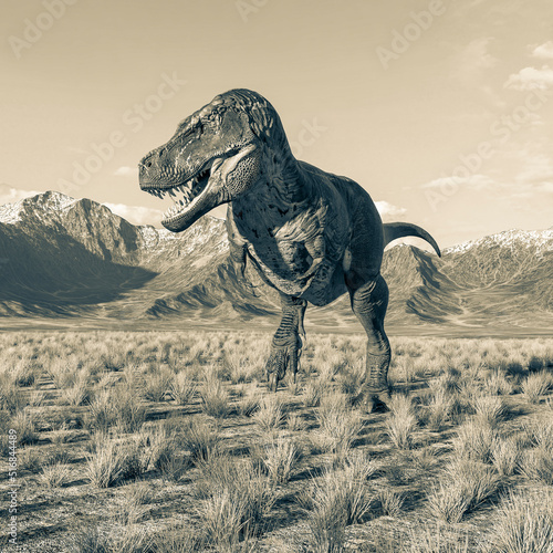tyrannosaurus rex is alone in plains and mountains