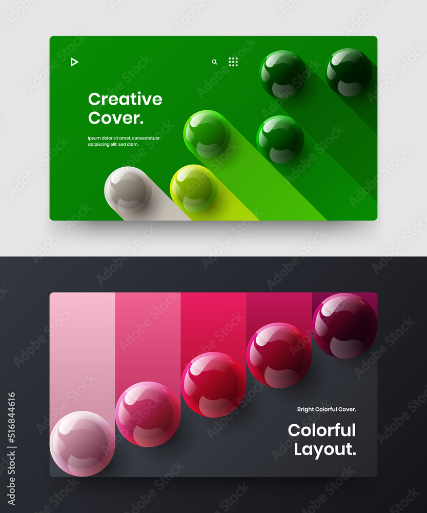 Creative web banner vector design layout composition. Multicolored realistic spheres postcard template bundle.