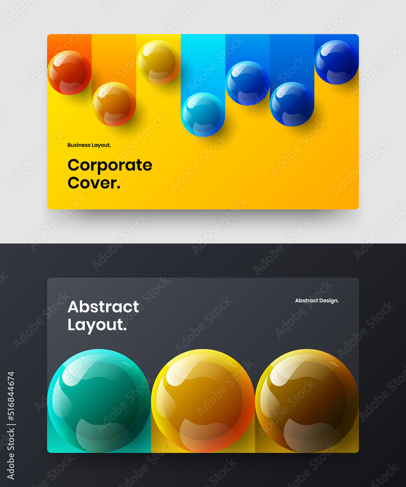 Abstract 3D balls website screen template collection. Minimalistic company brochure vector design concept set.