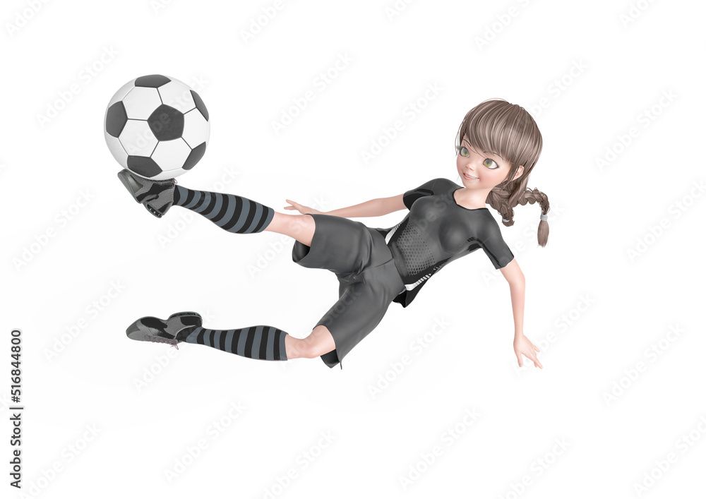 soccer girl is doing acrobatics to kick the ball in white background top view soccer girl is doing acrobatics to kick the ball in white background top view