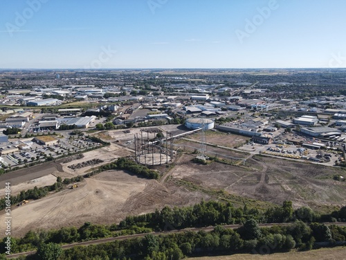 Aerial view of historic old gasometer in Hull, UK