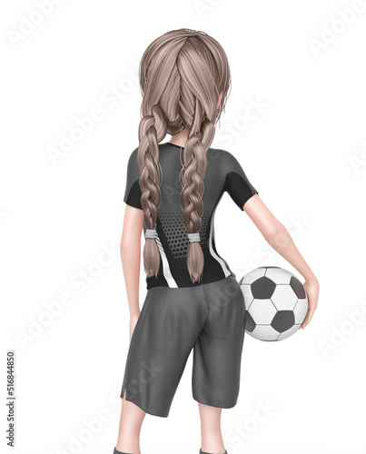 soccer girl is ready to play football with the ball under her arms in white background rear view