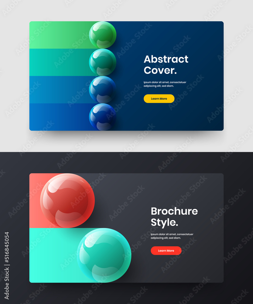 Creative 3D spheres postcard template collection. Trendy horizontal cover design vector layout set. Creative 3D spheres postcard template collection. Trendy horizontal cover design vector layout set.