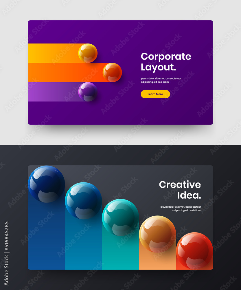 Geometric company identity vector design template bundle. Modern 3D balls landing page concept set. Geometric company identity vector design template bundle. Modern 3D balls landing page concept set.