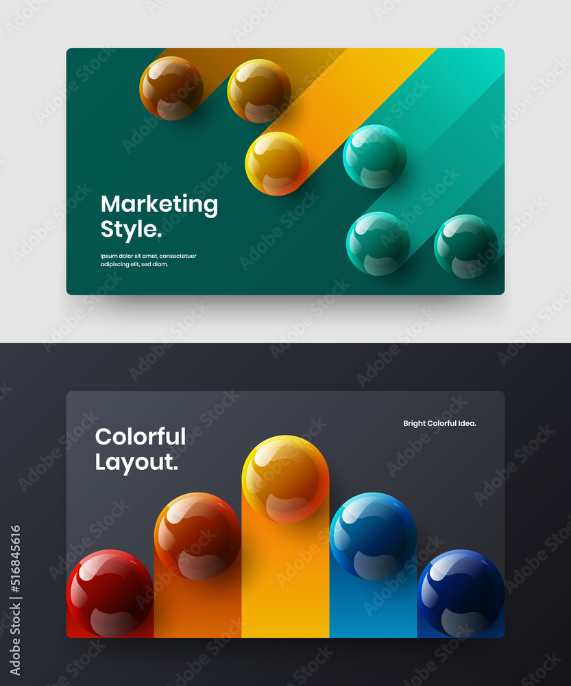 Creative site screen design vector layout set. Simple realistic spheres company cover illustration bundle.