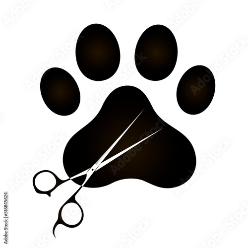 Black footprint of an animal paw and scissors of a groomer symbol. Design for a groomer salon