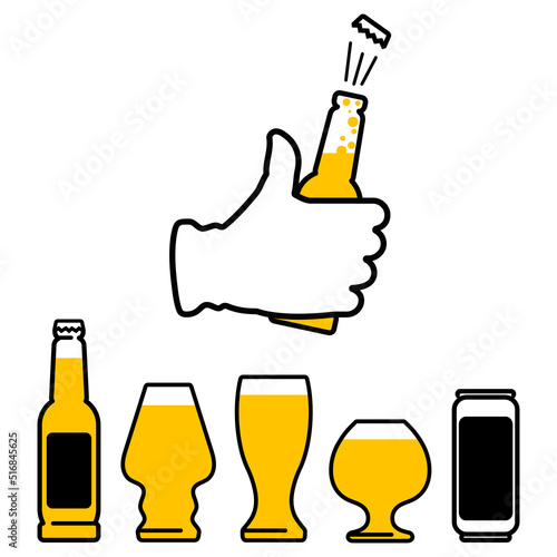 Bottle of beer in hand. Beer glasses and can. Design for a craft brewer