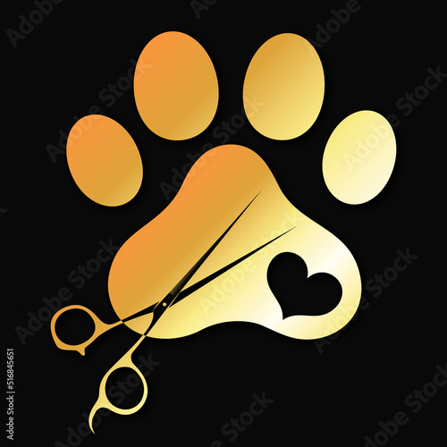 Golden footprint of an animal paw on a black background. Groomer scissors silhouette. Symbol for groomer salon