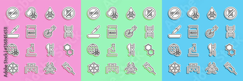 Set line Syringe, Chemical formula, DNA symbol, GMO, Pipette, No and Genetically modified orange icon. Vector