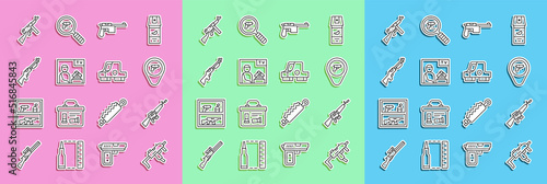 Set line MP9I submachine gun, M16A1 rifle, Location with weapon, Mauser, Advertising, Hunting, Tommy and Collimator sight icon. Vector