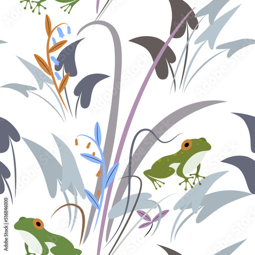 River plants and frogs on a white background. Seamless vector pattern.