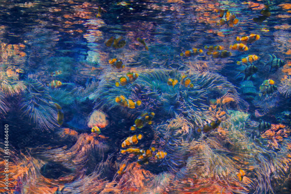 Large aquarium saltwater tank with bright, vibrant colors, Clown Fish, and other corral fish.  Edited to look like a colorful painting. 
