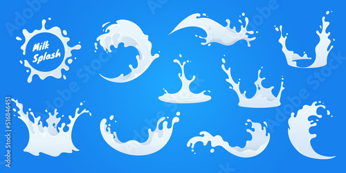 Vector milk splash collection. White milk splatter in decorative style isolated on blue background. Design element for label, ad, promo.