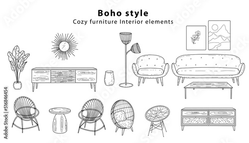 Scandinavian furniture Interior elements Boho style. Cozy home environment for the living room. Hand-drawn doodle style elements. Vector illustration