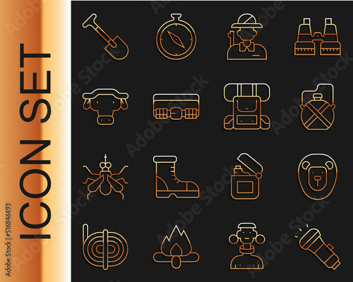 Set line Flashlight, Wild lion, Canteen water bottle, Hunter, Hunting cartridge belt, African buffalo head, Shovel and Hiking backpack icon. Vector