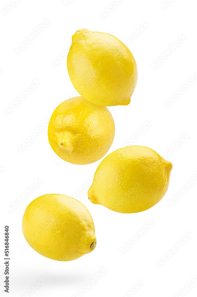 Flying delicious lemon fruits, isolated on white background Flying delicious lemon fruits, isolated on white background