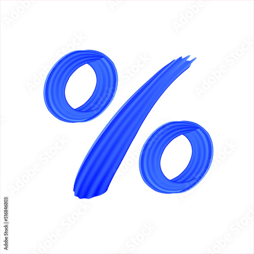 Blue percent sign of realistic blue paint brush strokes. Hand drawn isolated on a white background. Percent sign written smears by deep blue paint.