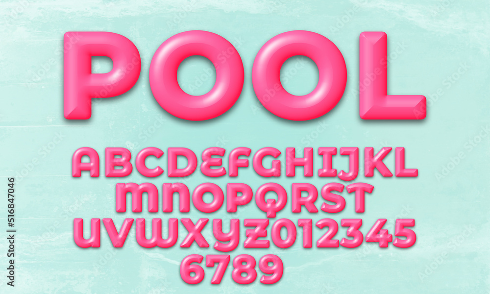 Pink 3D alphabet with capital letters, textured display font, bold typeface, pool abc, creative uppercase typography for poster, banner, invitation, concept of summer, holiday, recreation