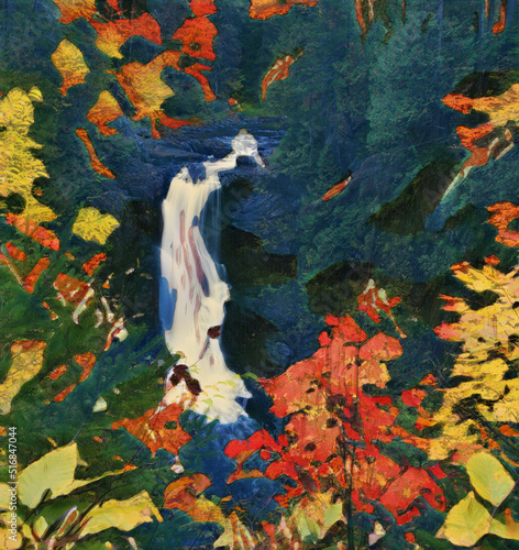 Fototapeta Naklejka Na Ścianę i Meble -  Moxie Falls in Maine, USA surrounded by fall foliage. Edited in colorful painting with bright autumn colors. 