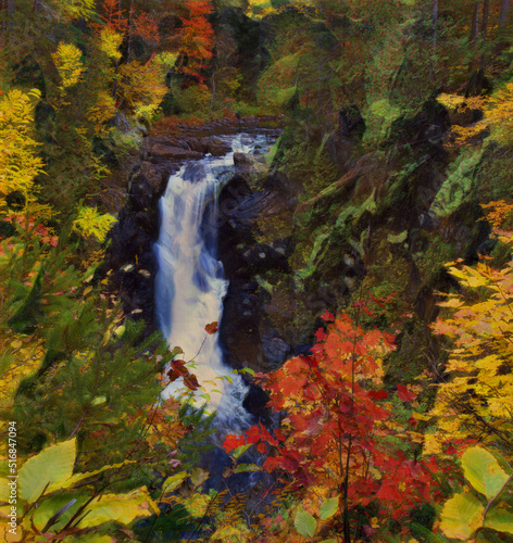 Moxie Falls in Maine  USA surrounded by fall foliage. Edited in colorful painting with bright autumn colors. 