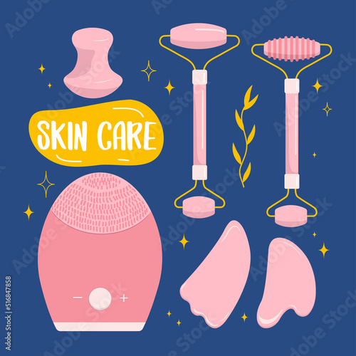 Roller for face and Gua Sha massage from pink rose quartz stone.