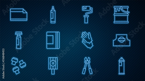Set line Paint spray can, Spray nozzle cap, roller brush, Spiral notebook, Marker pen, Paper adhesive sticker, Rubber gloves and icon. Vector