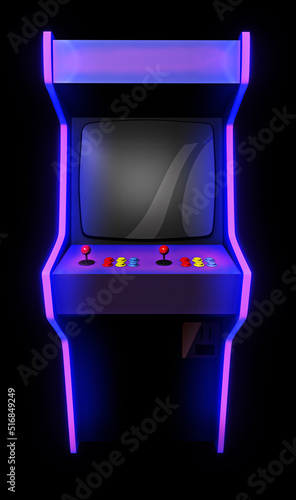 Arcade game machine, front view graphics background. 3D rendering template with empty screen for POV commercial compositions