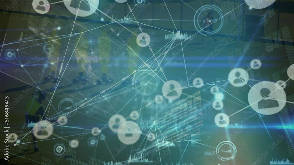 Animation of network of connections and digital screen over diverse male soccer players