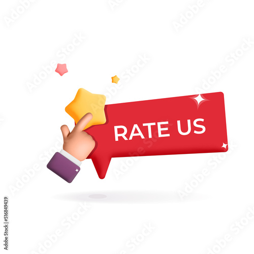 Feedback rate us red 3d vector label banner. Hand clicks to stars label design. Speech bubble with glossy shiny stars. Text. Customer service, social media and  like time concept symbols. 