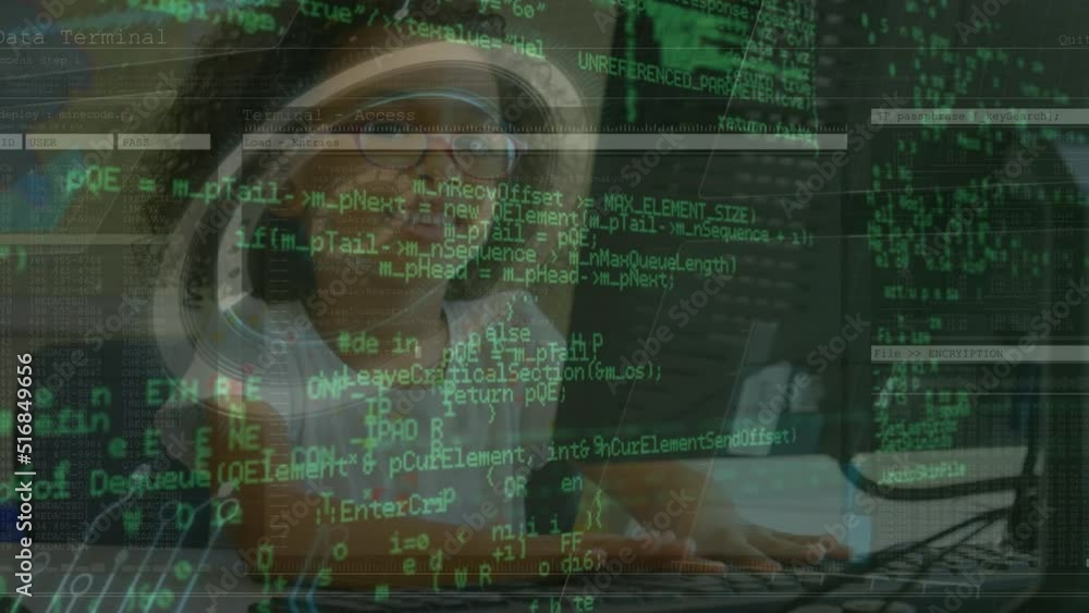 Animation of digital screen and data processing over biracial girl using computer Animation of digital screen and data processing over biracial girl using computer