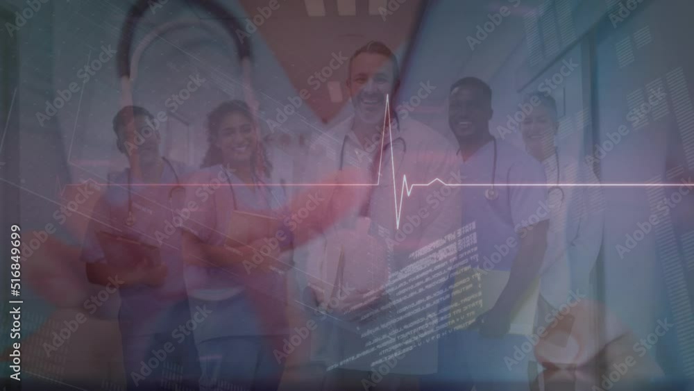 custom made wallpaper toronto digitalAnimation of heart rate over happy diverse doctors smiling at camera