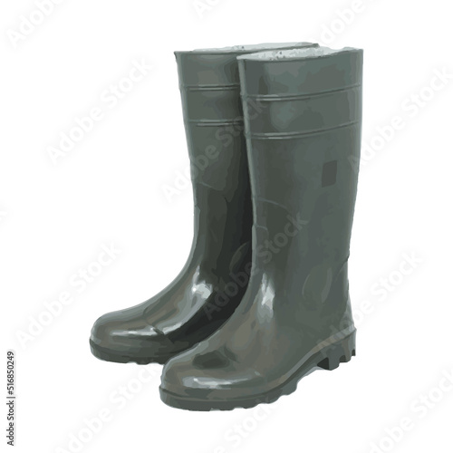 Rubber boots. Watercolour. Vector illustration. A pair of green rubber boots.
