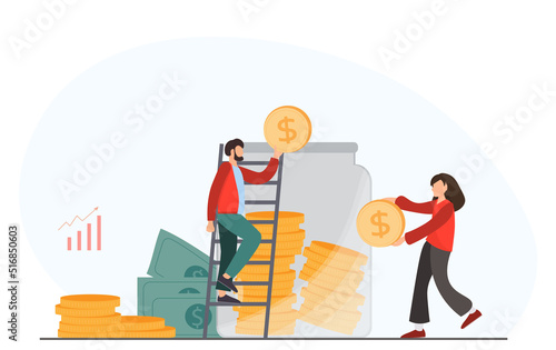 Young tiny woman and man saving money, investing money, family budget concept, flat vector illustration