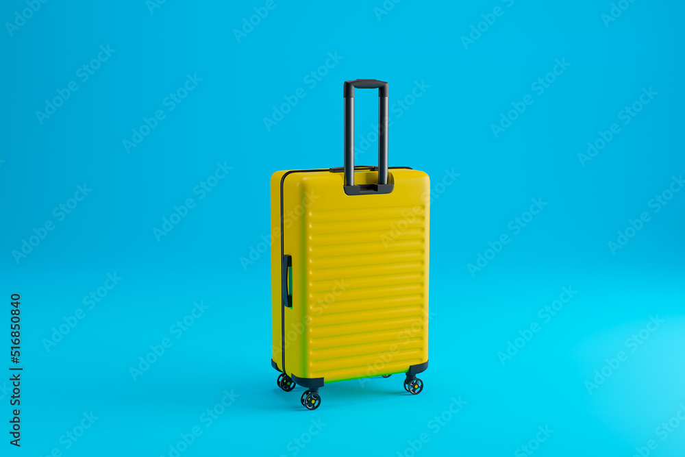 Yellow suitcase on blue background. Travel concept. Minimalistic 3d art. Yellow suitcase on blue background. Travel concept. Minimalistic 3d art.